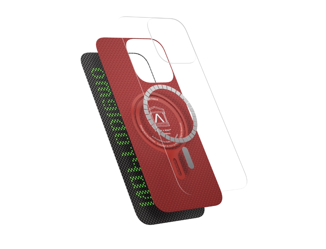 Husa MagEZ 5 Pitaka Aries Luminoasa, Aramida 600D iPhone 16 Pro, Negru/Gri, MagSafe, Ultra Slim Aries Collaborative Luminous Case