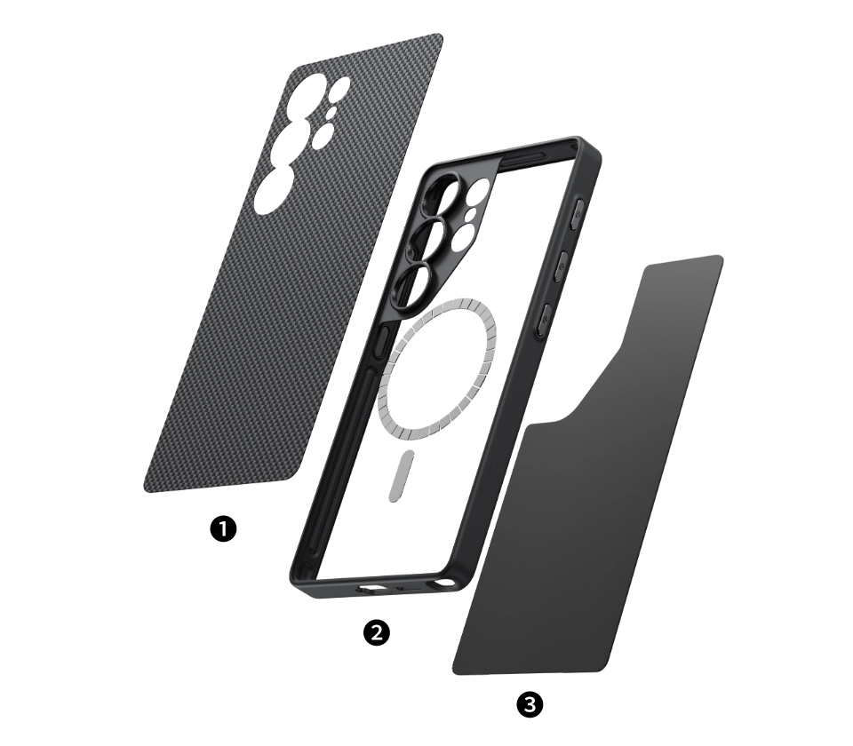 Husa Pitaka Samsung Galaxy S25 Ultra, Aramida, MagEZ Pro PinButton, MagSafe, Negru/Gri PinButton